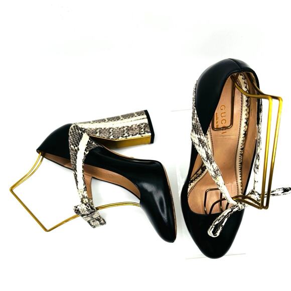 Gucci Black Leather and Neutral Snakeskin Block Heel Pumps size 37 - Picture 4 of 12